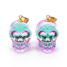 Honeyhandy Electroplate K9 Glass Pendants, with Golden Plated Brass Bails, Skull, Halloween, Turquoise, 25x26~27x19mm, Hole: 5x3mm