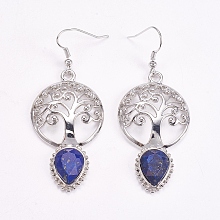 Honeyhandy Brass Dangle Earrings, Natural Lapis Lazuli, Faceted, Hollow Flat Round with Tree of Life and Teardrop, Platinum, 66mm, Pin: 0.6mm