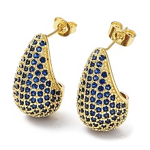 Honeyhandy Cubic Zirconia Teardrop Stud Earrings, Real 16K Gold Plated Brass Earrings for Woman, Dark Blue, 20x12mm