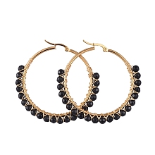 Honeyhandy Beaded Hoop Earrings, with Natural Black Agate Beads, Golden Plated 304 Stainless Steel Hoop Earrings, 50mm, Pin: 0.6x1mm