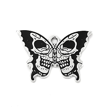 Honeyhandy Halloween Alloy Enamel Pendants, Butterfly with Skull Charm, Platinum, Black, 20x27.5x1mm, Hole: 1.8mm