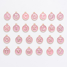 Honeyhandy Initial Letter A~Z Alphabet Enamel Charms, Flat Round Disc Double Sided Charms, Golden Plated Enamelled Sequins Alloy Charms, Pink, 14x12x2mm, Hole: 1.5mm, 26pcs/set