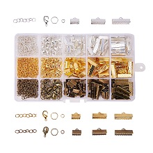 PandaHall Elite 420Pcs Jewelry Making Finding Kits of Ribbon Ends Lobster Claw Clasps Jump Rings Cord Ends with Twist Extender Chains In 3 Colors