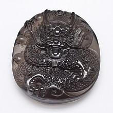 Honeyhandy Natural Ice Crystal Obsidian Carven Pendants, Chinese Dragon, Black, 52.5x47x14mm, Hole: 2mm