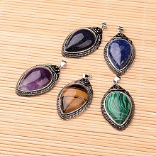 Honeyhandy Natural & Synthetic Mixed Stone Pendants, with Brass Findings, teardrop, Antique Silver, 48x27x10mm, Hole: 6x3.5mm