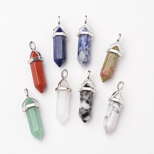 Honeyhandy Natural Mixed Gemstone Double Terminated Pointed Pendants, with Random Alloy Pendant Hexagon Bead Cap Bails, Bullet, Platinum, 36~45x12mm, Hole: 3x5mm, Gemstone: 10mm in diameter