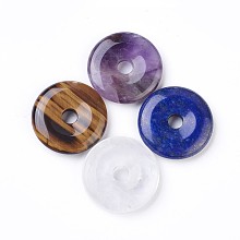 Honeyhandy Natural Mixed Stone Pendants, Donut/Pi Disc, Donut Width: 12~12.5mm, 30~31x6~7mm, Hole: 6mm