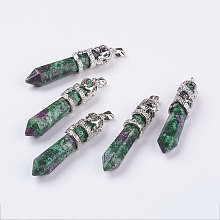 Honeyhandy Natural Ruby in Zoisite Big Pointed Pendants, with Alloy Findings, Faceted, Bullet, Platinum, 59~63x11~12mm, Hole: 4x7mm