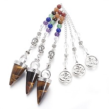 Honeyhandy Chakra Jewelry Natural Tiger Eye Cone Dowsing Pendulums, with Brass Finding and Alloy Chain, Antique Silver, 235~245x2.5mm