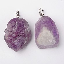 Honeyhandy Natural Amethyst Pendants, Nuggets, with Brass Findings, Platinum, 26~42x20~26x14~22mm, Hole: 5x8mm