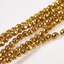 Honeyhandy Electroplate Non-magnetic Synthetic Hematite Beads Strands, Faceted, Round, Grade AAAA, Golden Plated, 2mm, Hole: 0.5mm, about 200pcs/strand, 16 inch