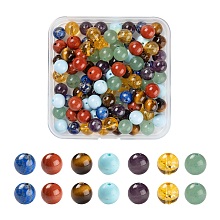 Honeyhandy 100 Pcs 7 Colors Chakra Yoga Healing Stone Kits, Natural Amethyst & Lapis Lazuli & Turquoise & Green Aventurine & Tiger Eye & Citrine & Red Jasper Beads, Round, Mixed Color, 8mm, Hole: 1mm