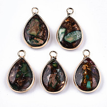 Honeyhandy Teardrop Assembled Synthetic Bronzite and Regalite/Imperial Jasper Pendants, with Iron Loop and Brass Edge, Light Gold, Dyed, Medium Sea Green, 22~23x14x5~6mm, Hole: 2mm