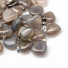 Honeyhandy Heart Natural Grey Agate Pendants, with Platinum Tone Brass Findings, 17~19x15~16x5~8mm, Hole: 2x7mm