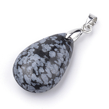 Honeyhandy Natural Snowflake Obsidian Pendants, with Alloy Findings, teardrop, Platinum, 23~24x14x8mm, Hole: 4x5mm