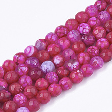 Honeyhandy Natural Crackle Agate Beads Strands, Dyed, Faceted, Round, Fuchsia, 6mm, Hole: 1mm, about 63pcs/strand, 14.5 inch