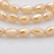 Honeyhandy Pearl Luster Plated Imitation Jade Glass Faceted Rice Beads Strands, Bisque, 6x4mm, Hole: 1mm, about 72pcs/strand, 16 inch