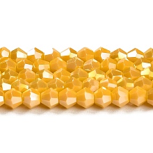 Honeyhandy Opaque Solid Color Electroplate Glass Beads Strands, AB Color Plated, Faceted, Bicone, Gold, 4x4mm, Hole: 0.8mm, about 82~85pcs/strand, 30.5~31cm