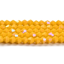 Honeyhandy Opaque Solid Color Imitation Jade Glass Beads Strands, AB Color Plated, Faceted, Bicone, Gold, 4x4mm, Hole: 0.8mm, about 87~98pcs/strand, 12.76~14.61 inch(32.4~37.1cm)