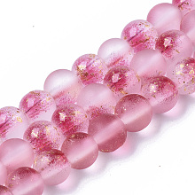 Honeyhandy Frosted Spray Painted Glass Beads Strands, with Golden Foil, Round, Camellia, 6~7mm, Hole: 1.2~1.5mm, about 65~67pcs/Strand, 14.76 inch~15.12 inch(37.5~38.4cm)