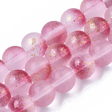 Honeyhandy Frosted Spray Painted Glass Beads Strands, with Golden Foil, Round, Camellia, 10~11mm, Hole: 1.4~1.6mm, about 39~42pcs/Strand, 14.84 inch~15.27 inch(37.7~38.8cm)