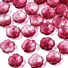 Honeyhandy Transparent Spray Painted Glass Beads, with Glitter Powder, Two Tone, Flower, Medium Violet Red, 15x15x6mm, Hole: 1.2mm