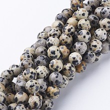 Honeyhandy Natural Gemstone Bead Strands, Round Dalmatian Beads, Pale Goldenrod, 8mm, Hole: 1mm