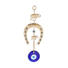 Honeyhandy Handmade Lampwork & Resin Evil Eye Pendant Decorations, with Iron Ring and Chain, Alloy Findings, Elephant & Horseshoe, Golden, 230mm, Hole: 13x10mm