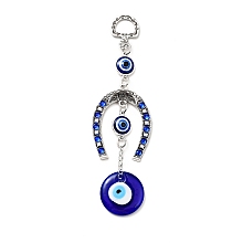 Honeyhandy Horse Shoe Pendant Decorations, Handmade Lampwork & Alloy Rhinestone & Resin Evil Eye Hanging Ornaments, Turkish Amulet Good Luck Charm, Antique Silver, 140mm, Hole: 13.5x9.5mm