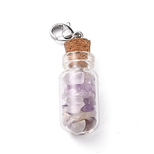 Honeyhandy Glass Bottle Pendants, with Amethyst Chip Beads and Brass Lobster Claw Clasps, Platinum, 49mm