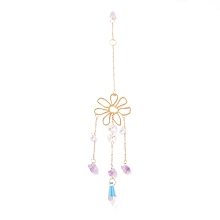 Honeyhandy Hanging Crystal Aurora Wind Chimes, with Prismatic Pendant, Flower-shaped Iron Link and Natural Amethyst, for Home Window Lighting Decoration, Golden, 315mm