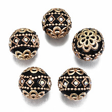 Honeyhandy Handmade Indonesia Beads, with Crystal AB Rhinestone and Brass Findings, Round, Golden, Black, 19.5x18.5mm, Hole: 1.6mm