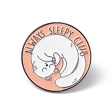 Honeyhandy Word Always Sleepy Club Enamel Pin, Electrophoresis Black Alloy Flat Round Brooch for Backpack Clothes, Cat Pattern, 30x2mm, Pin: 1.2mm