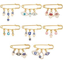 BENECREAT 8PCS 8 Styles Evil Eye Brooch, Enamel Evil Eye Safety Pin Brooch with Gold Coloured Alloy Hansa Hand, Butterfly and Slant Eye Pendant, for Backpack Clothing Badges, Mixed Colours