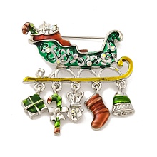 Christmas Theme Sleigh Enamel Pins, Alloy Rhinestone Brooches for Backpack Clothes, Platinum, 40x40x3mm