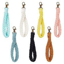 CRASPIRE 7Pcs 7 Colors Cotton Braided Wristlet Straps, Short Purse Straps, Clutch Bag Wrist Strap, Keychain Lanyard, Hand Strap Replacement, with Iron Swivel Clasp, Mixed Color, 17x1.4cm, 1pc/color