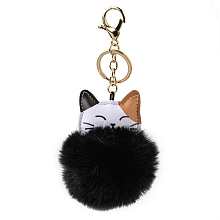 Honeyhandy Imitation Rex Rabbit Fur Ball & PU Leather Cat Pendant Keychain, with Alloy Clasp, for Bag Car Pendant Decoration, Black, 16cm