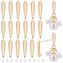 BENECREAT 40Pcs Brass Stud Earring Findings, with Vertical Loops and 40Pcs Plastic Ear Nuts, Teardrop, Real 18K Gold Plated, 15x3.5x3mm, Hole: 1.4mm, Pin: 0.7mm