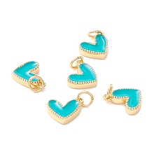 Honeyhandy Rack Plating Brass Enamel Charms, with Jump Ring, Cadmium Free & Nickel Free & Lead Free, Real 18K Gold Long-Lasting Plated, Heart, Dark Turquoise, 9x7x2mm, Hole: 2.5mm