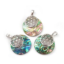 Honeyhandy Natural Paua Shell Pendants, Spiritual Charms, with Platinum Tone Brass Findings, Flat Round with Flower of Life/Sacred Geometry, 32~32.5x28x7~7.5mm, Hole: 5x8mm