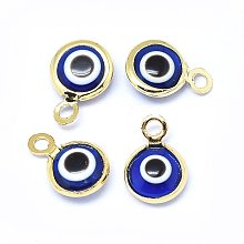 Honeyhandy Handmade Evil Eye Lampwork Charms, with Brass Findings, Flat Round, Blue, Real 18K Gold Plated, 10x6.5x3mm, Hole: 1.5mm