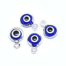 Handmade Evil Eye Lampwork Charms, with Brass Findings, Flat Round, Blue, Real Platinum Plated, 10x6.5x3mm, Hole: 1.5mm