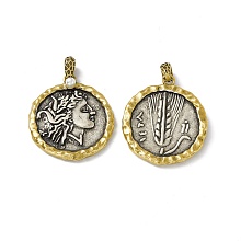 Honeyhandy Rack Plating Brass Pendants, with ABS Imitation Pearl Beads, Cadmium Free & Lead Free & Nickle Free, Flat Round with Woman Pattern, Greece Coin Charm, Antique Silver & Antique Golden, 29x25.5x5.5mm, Hole: 4.5x3mm