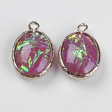 Resin Pendants, with Brass Findings, Oval, Light Gold, Medium Violet Red, 23.5~24x15x7~7.5mm, Hole: 1~2mm