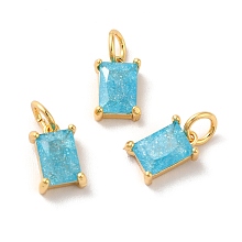 Honeyhandy Real 18K Gold Plated Brass Micro Pave Cubic Zirconia Pendants, with Jump Rings, Rectangle, Sky Blue, 10x6x4mm, Hole: 3mm