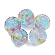 Honeyhandy Round Lampwork Beads, Plum Flower Petal Pattern, with Hole, Aqua, 12mm, Hole: 1.8mm