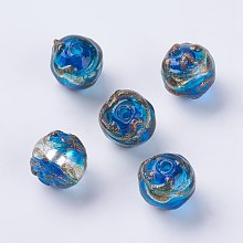 Honeyhandy Handmade Silver Foil Lampwork Beads, with Gold Sand, Round, Dodger Blue, 12mm, Hole: 1mm