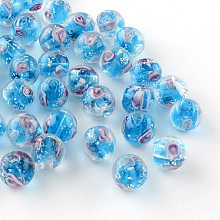 Honeyhandy Handmade Luminous Inner Flower Lampwork Beads, Round, Deep Sky Blue, 9~10mm, Hole: 1~2mm