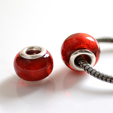 Honeyhandy Handmade Silver Foil Glass European Beads, with Silver Color Plated Brass Cores, Rondelle, Red, 14x10mm, Hole: 5mm