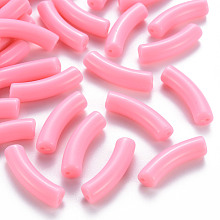 Honeyhandy Opaque Acrylic Beads, Curved Tube, Pink, 32x9.5x8mm, Hole: 1.8mm, about 330pcs/500g